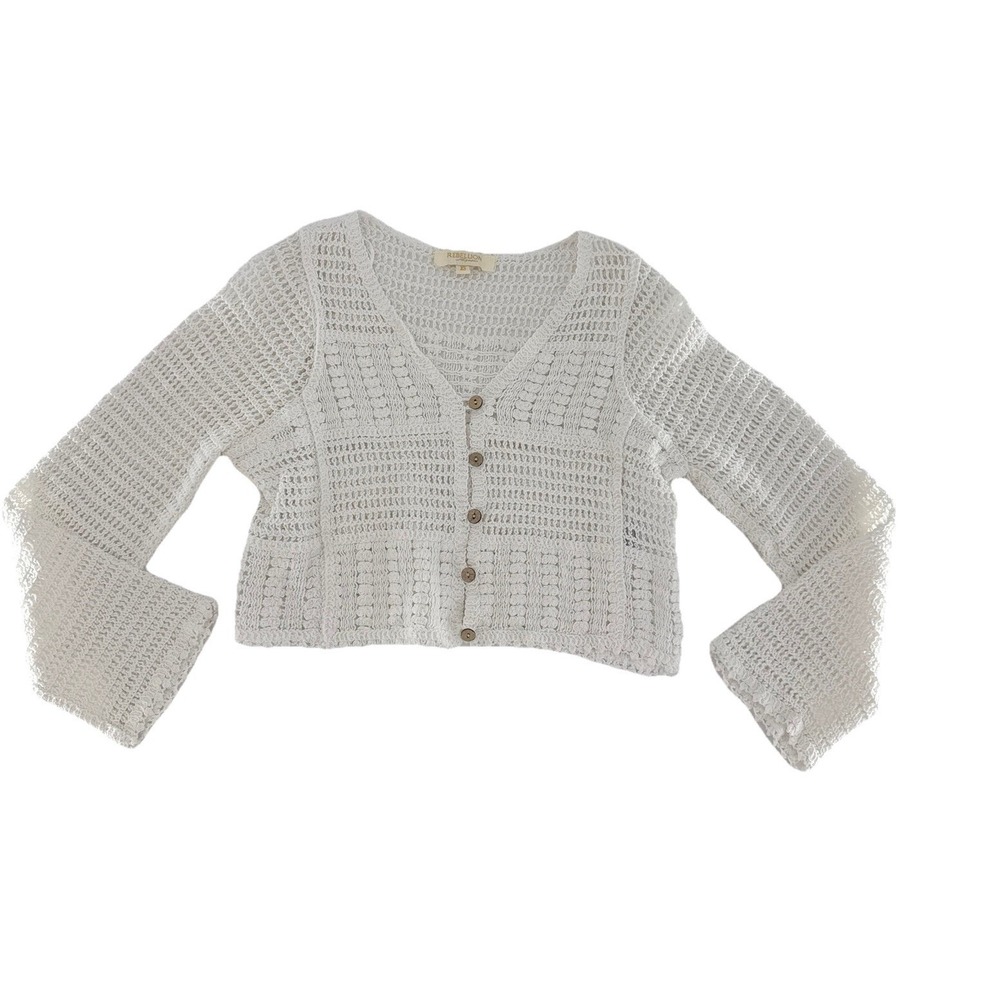Rebellion Again Cream Crochet Cropped Cardigan XS Boho Beachy Festival Western - Picture 3 of 8